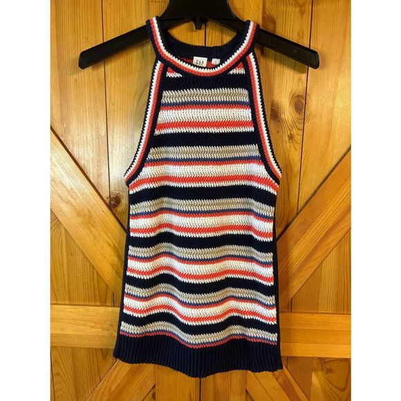 Gap Womens Crochet Knit High Neck Stripe Sweater Tank Top Size Medium (5298) - Picture 1 of 4